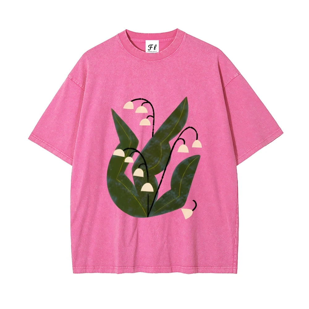 Lily Of Valley Tshirt Distressed Washed Cloth Delicate Floral Print Summer Casual Loose Short Sleeved Unique Comfortable Tops