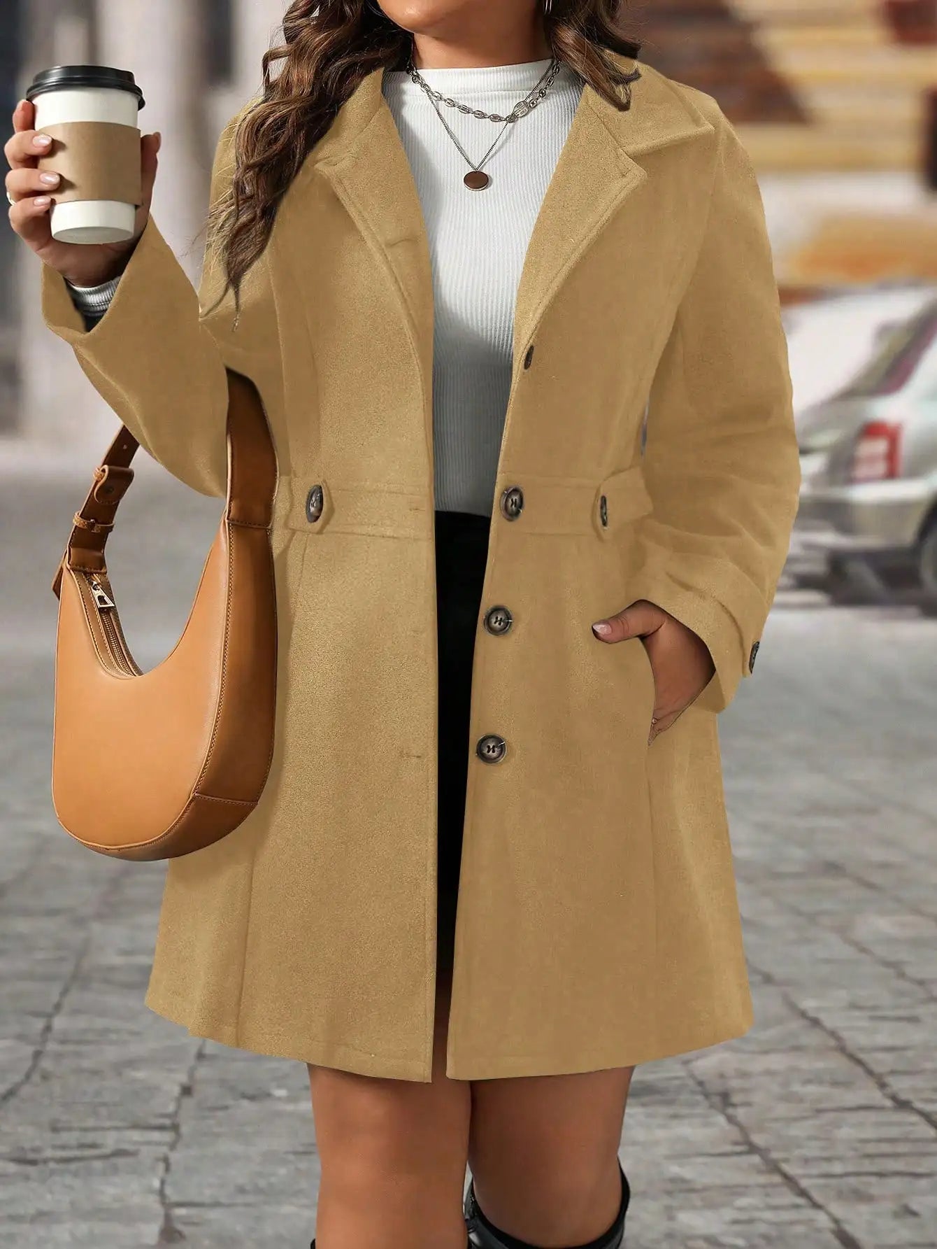 Plus Size Black Lapel Button Decor Waisted Mid-Length Knitted Coat For Women, Winter Fall Cloth For Women Autumn