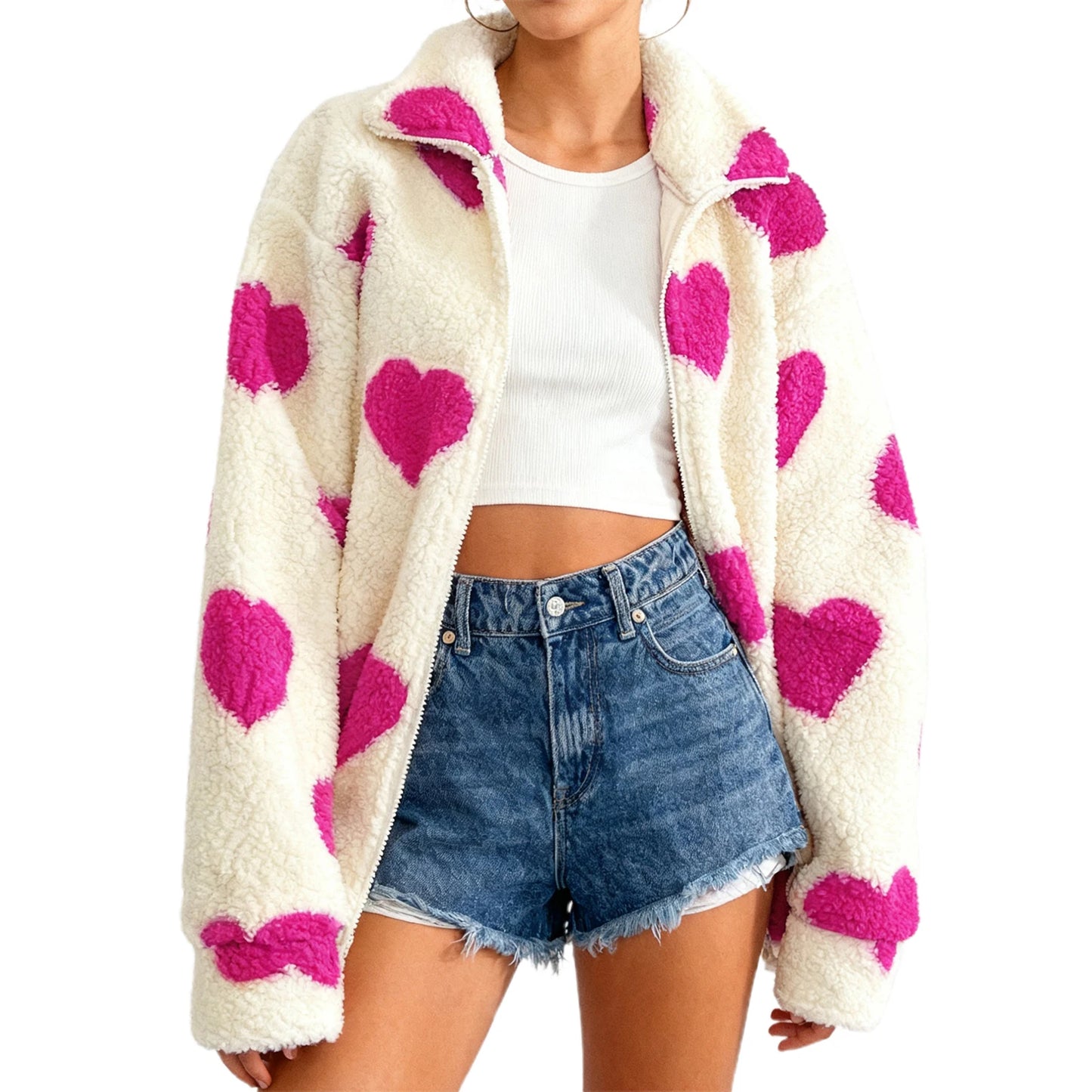 Women s Valentine s Day Heart Print Hooded Sweatshirt Casual Long Sleeve Pullover Loose Fit Fleece Jacket Coat