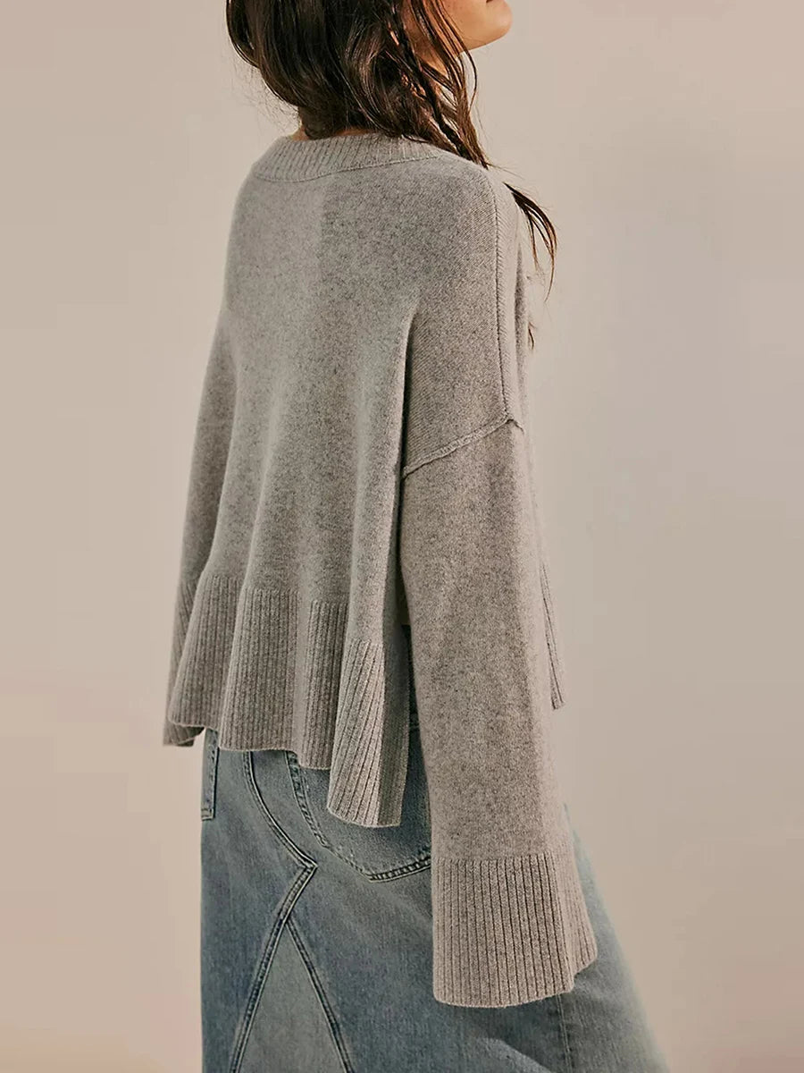 Women s Autumn Winter Knit Sweater Long Flared Sleeve Solid Color Loose Knitwear