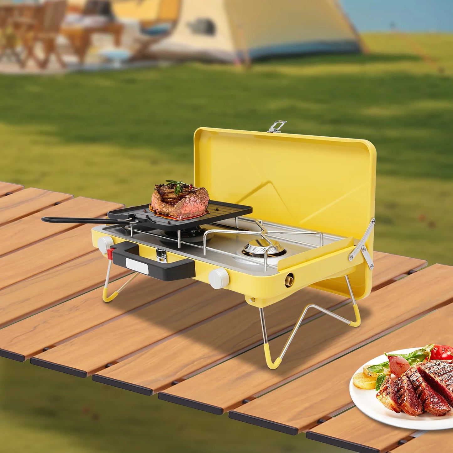 2-Burner Stainless Steel Camping Stove,Yellow/White Rectangular Portable Camping Stove Button+Knob for Outdoor Use