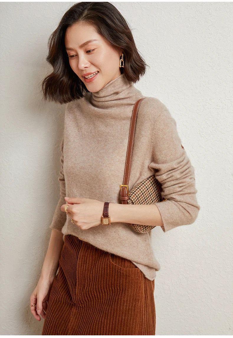 100%Merino Pure Wool Sweater Women's AutumnWinter Long Sleeve High Neck Pullover Warm High Quality Solid Color Basic Knit Jumper