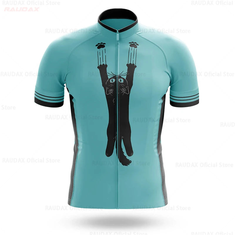 2023 Men's Cycling Clothes Funny Cartoon Cat Summer Short Sleeve Cycling Jersey Set Breathable Quick Dry Sportswear Bike Uniform