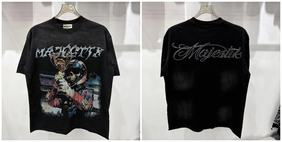 2026 Summer New MAJESTIK Men's T-shirt with Letter Hotfix Rhinestone Print Breathable Lightweight Casual Hip-Hop Style 100% Cotton Men/women T-shirt