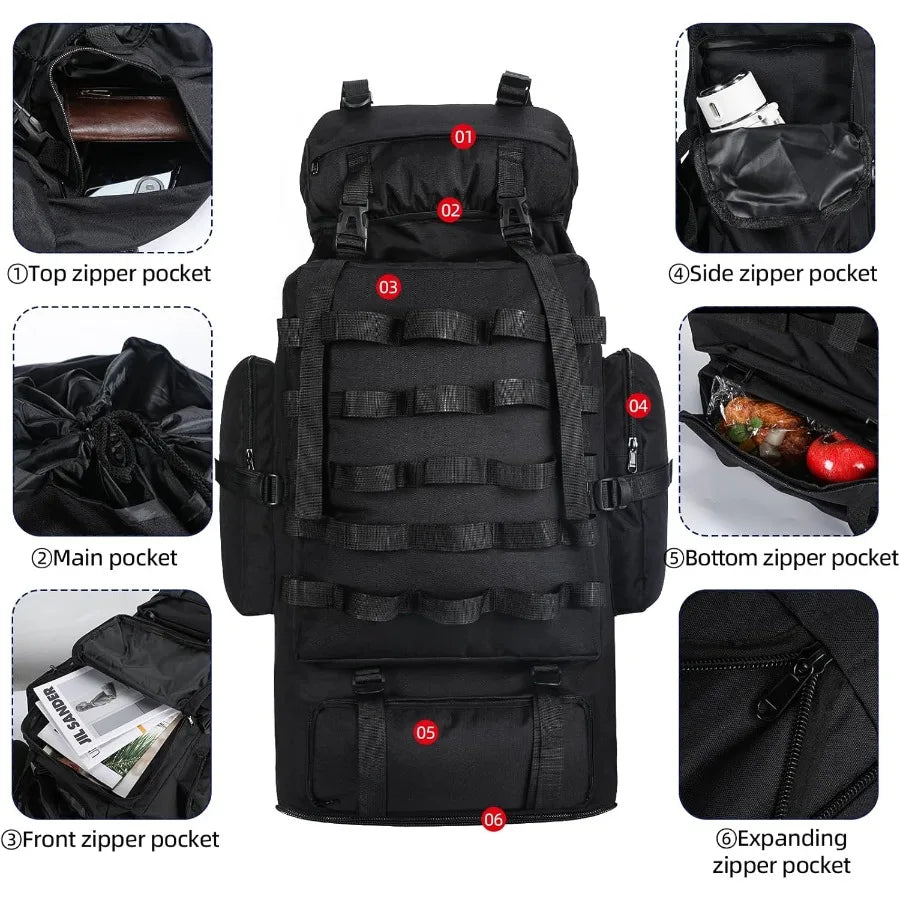 70L 100L Camping Hiking Backpack with Rain Cover Expandable Large Military Tactical Backpack Waterproof Molle Racksack Travel B