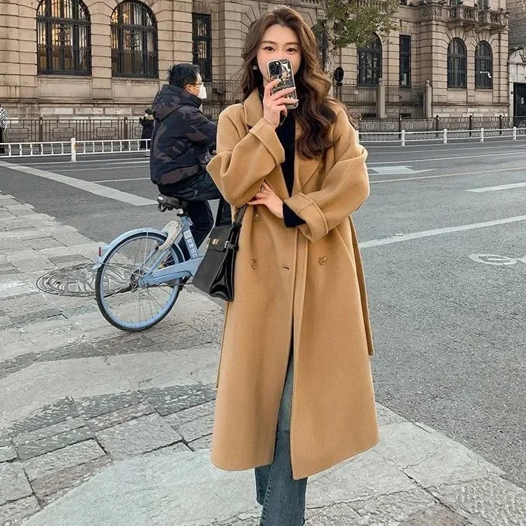 Blue Korean Style Woolen Coat Loose Women's Fashion Autumn Winter New Arrival Medium Length Belted Outerwear for Ladies