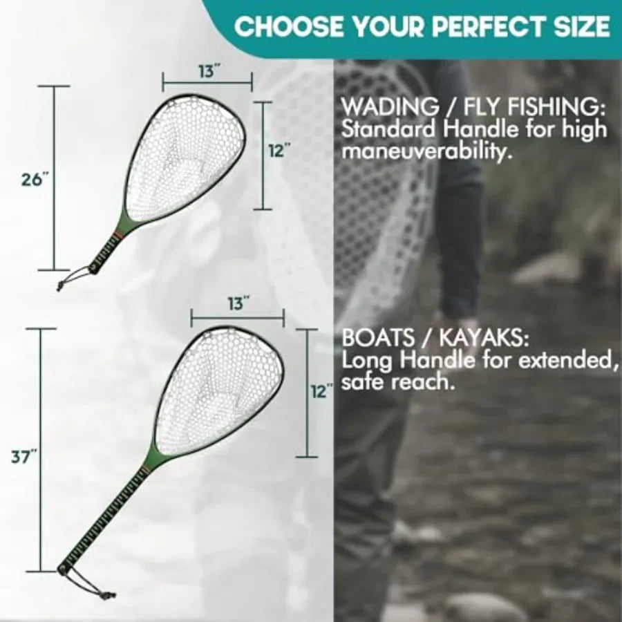 Fly Fishing Landing Net for Trout: Carbon Fiber Frame, Soft Rubber Mesh, Measurement Handle, Standard/Long Option
