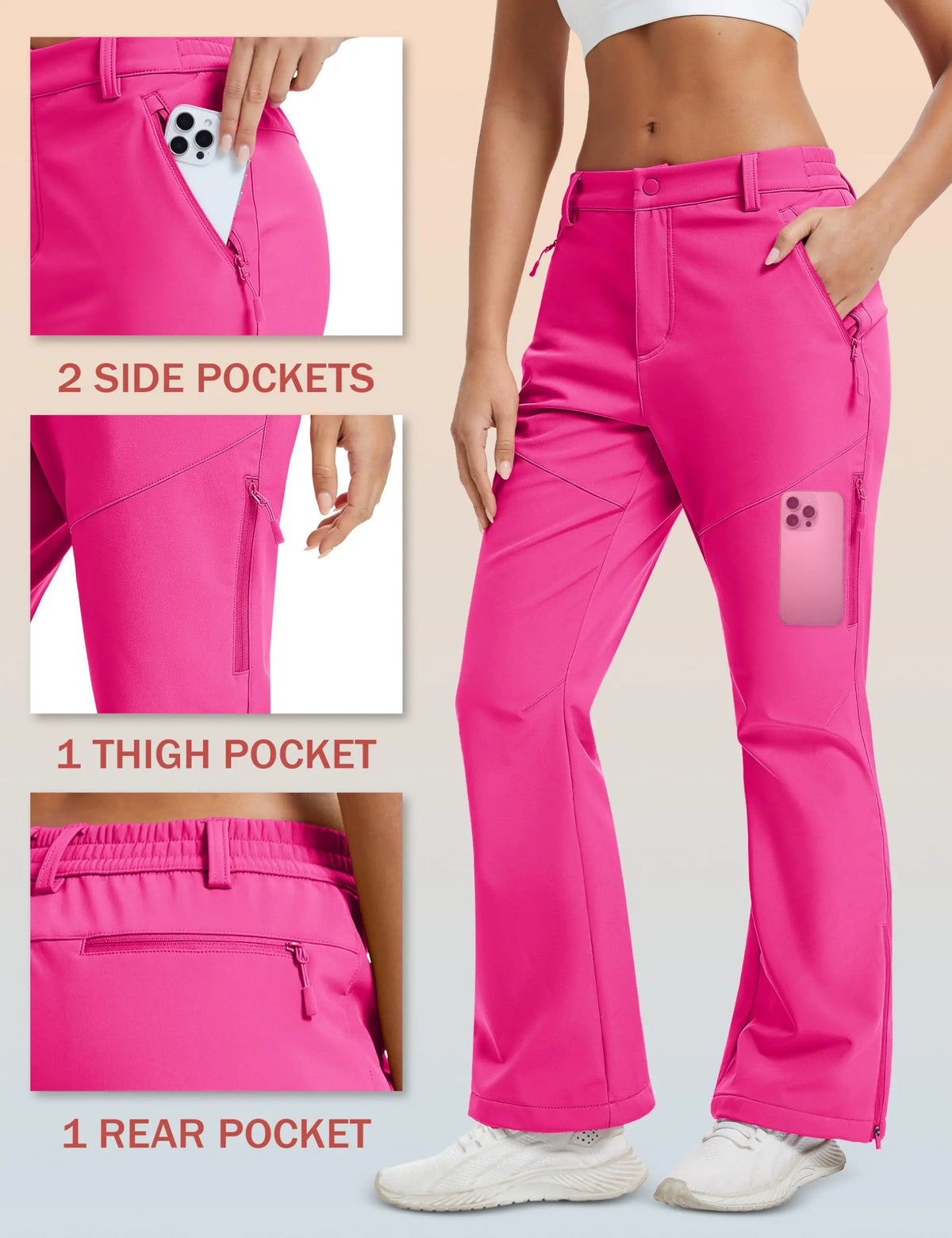 TACVASEN Womens Fleece Lined Waterproof Flare Pant with Zip Pockets Winter Warm Insulated Hiking Snow Ski Pant Outdoor Softshell