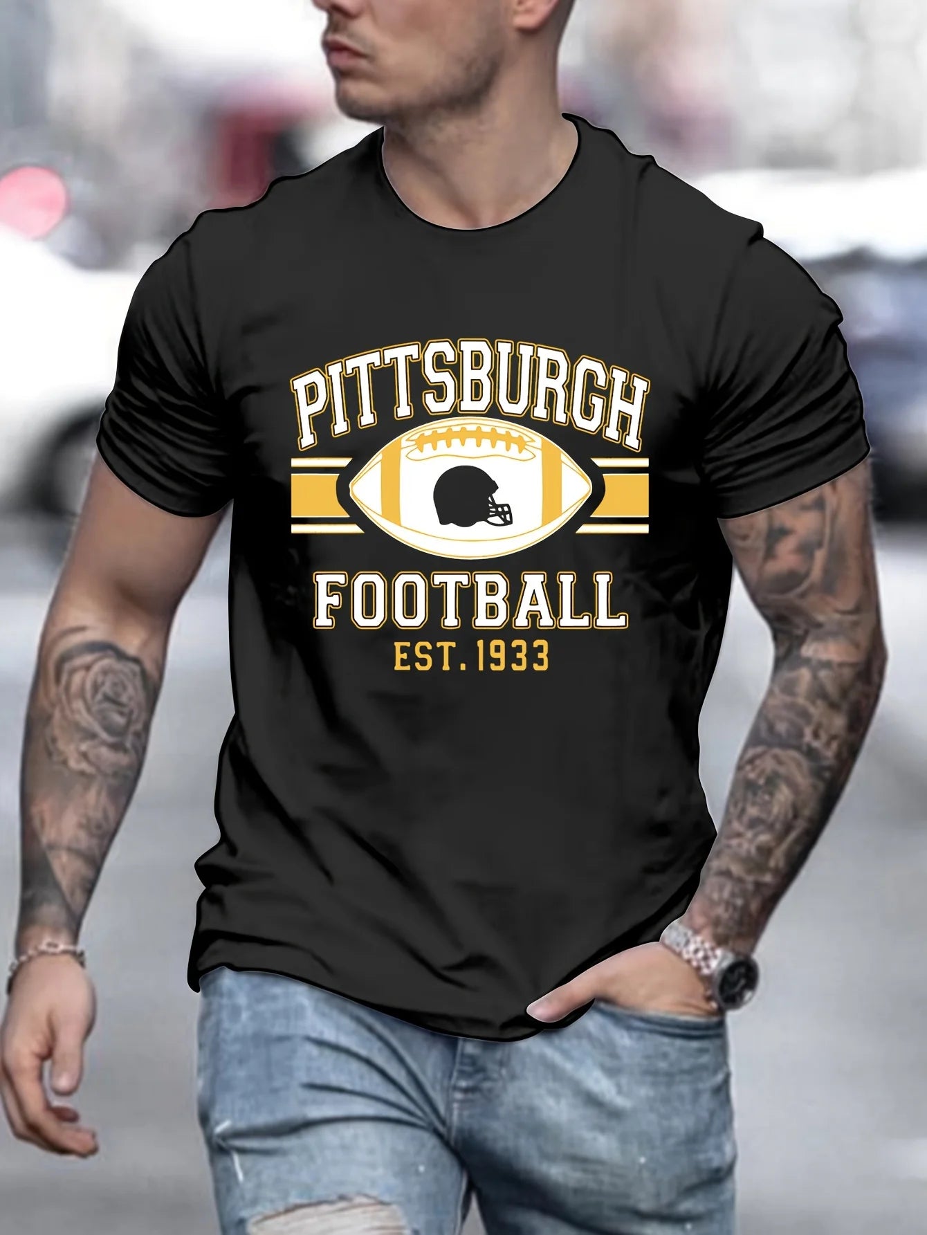 Pittsburgh Football Team Print Men's Cotton Casual Short Sleeve T Shirt Knit Fabric Round Neck Daily Leisure Wear