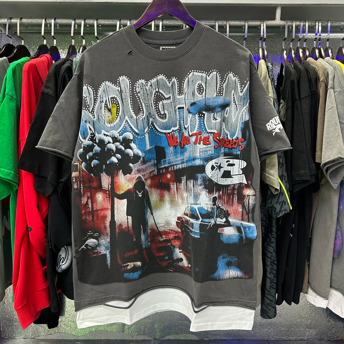 R001 New American Style RoughPlay Splicing Shinning Diamond 100% Cotton Short Sleeve Tshirts for Men Women Crew Neck Loose Summer T-shirt Oversized Tees
