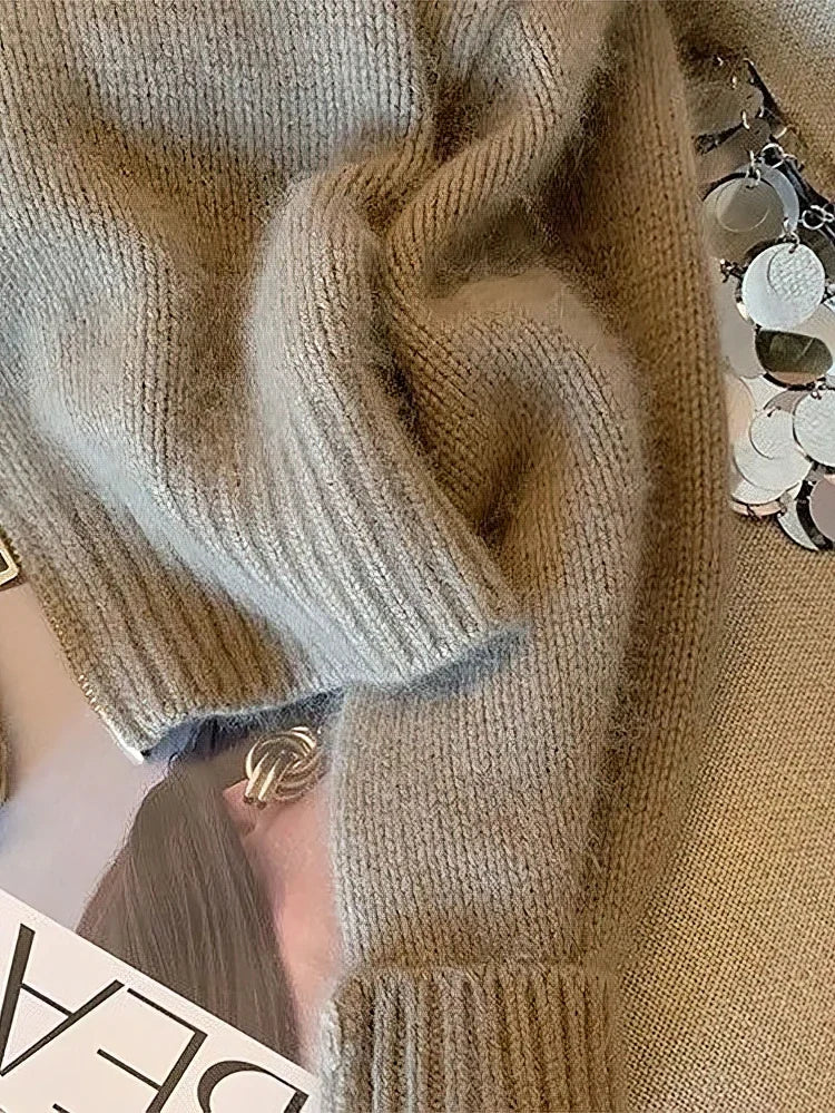 Patchwork Zipper Cropped Cardigan Women 400g Thick Autumn Knitted Sweater Bomber Jacket Vintage 2000s Short Fitted Knitwear Coat