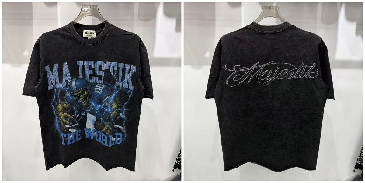 2026 Summer New MAJESTIK Men's T-shirt with Letter Hotfix Rhinestone Print Breathable Lightweight Casual Hip-Hop Style 100% Cotton Men/women T-shirt