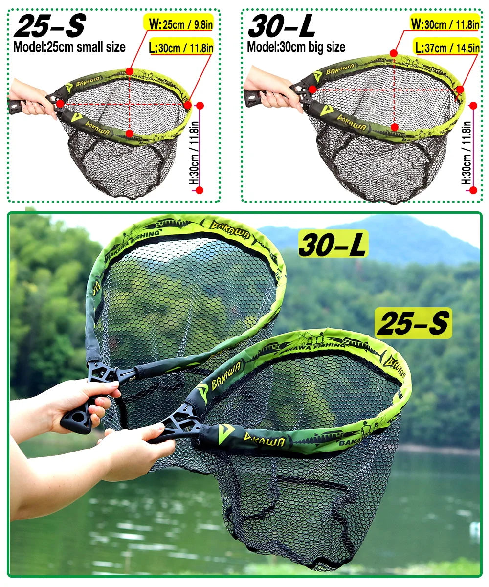 BAKAWA 25 30 S L Compact Folding Landing Net Rubber Mesh Lightweight Portable Fish Net Bass Fishing Quality Net Pesca Accesorios