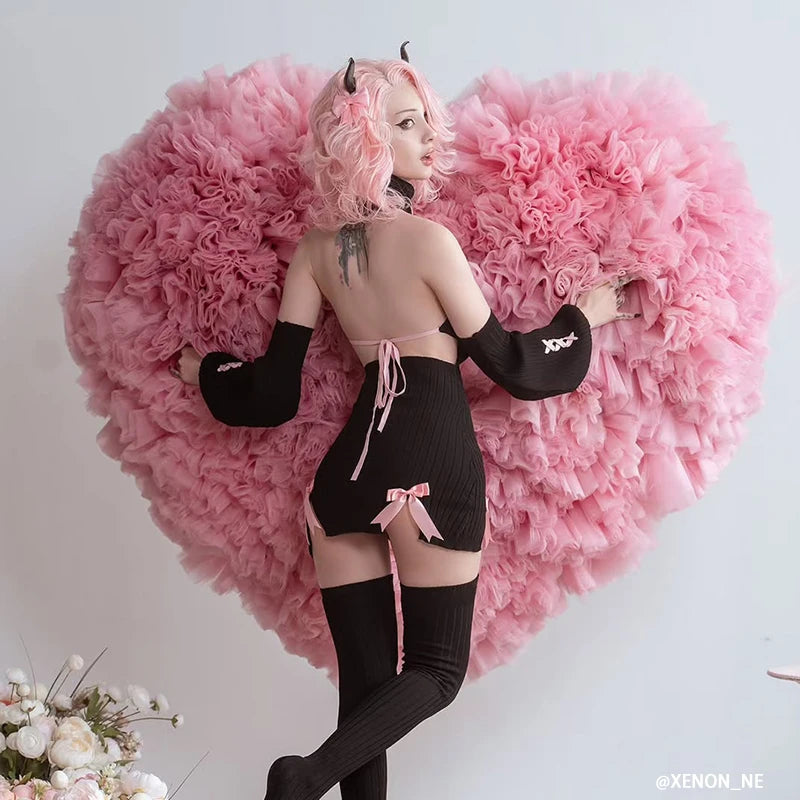 KORURACLUB autumn and winter Bowknot Sexy Black Knitted dress stockings Pink straps Backless Soft girl Turtleneck sweater