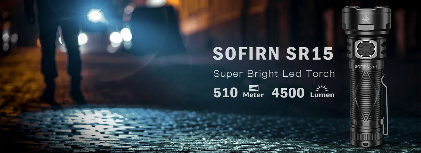 Sofirn SR15 4500LM Flashlight SFT25R Powerful LED Light 21700 USB C Rechargeable Discharge Torch