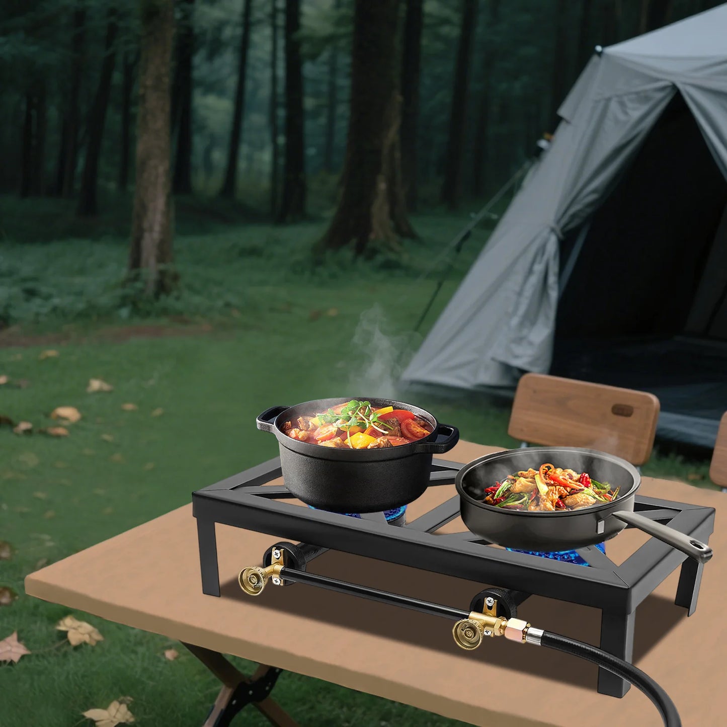 Portable Double Burner Gas Stove, Outdoor Propane Cooktop with 0-10PSI Regulator, Compact Camping Stove for Picnic & Backpacking