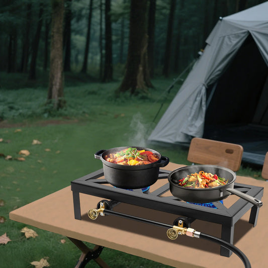 Portable Double Burner Gas Stove, Outdoor Propane Cooktop with 0-10PSI Regulator, Compact Camping Stove for Picnic & Backpacking