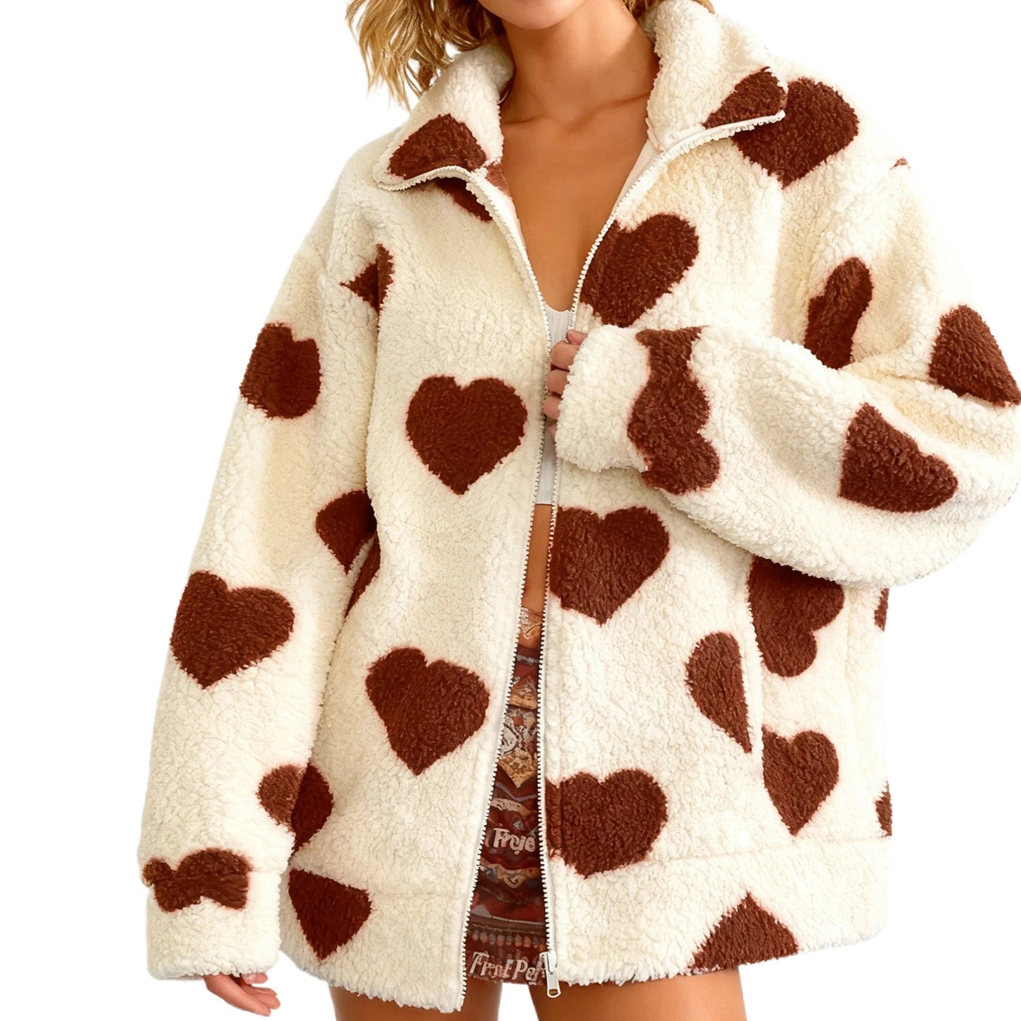 Women s Valentine s Day Heart Print Hooded Sweatshirt Casual Long Sleeve Pullover Loose Fit Fleece Jacket Coat