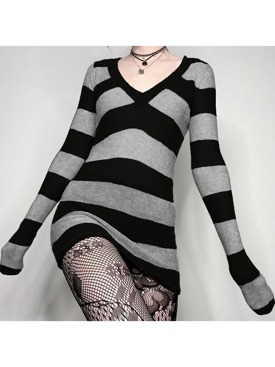 Women s Spring Autumn Knit Sweater V Neck Long Sleeve  Fit Striped Knitwear Tops Dress