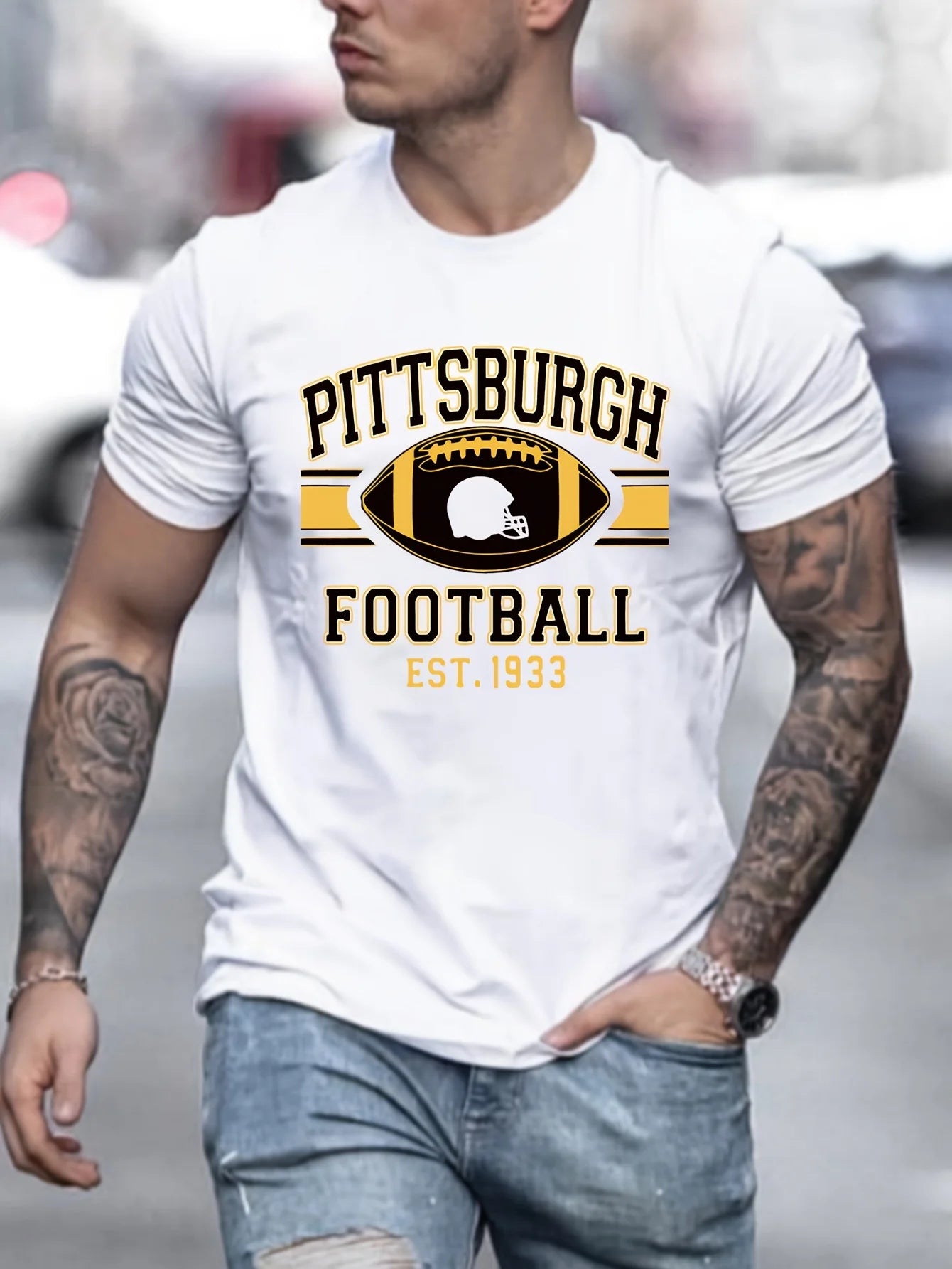 Pittsburgh Football Team Print Men's Cotton Casual Short Sleeve T Shirt Knit Fabric Round Neck Daily Leisure Wear