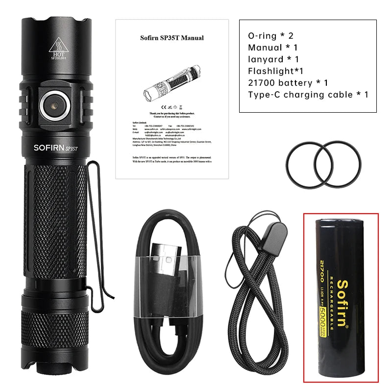 Sofirn SP35T 3800lm Tactical 21700 Flashlight Powerful LED Light USB C Rechargeable Torch with Dual Switch Power Indicator ATR