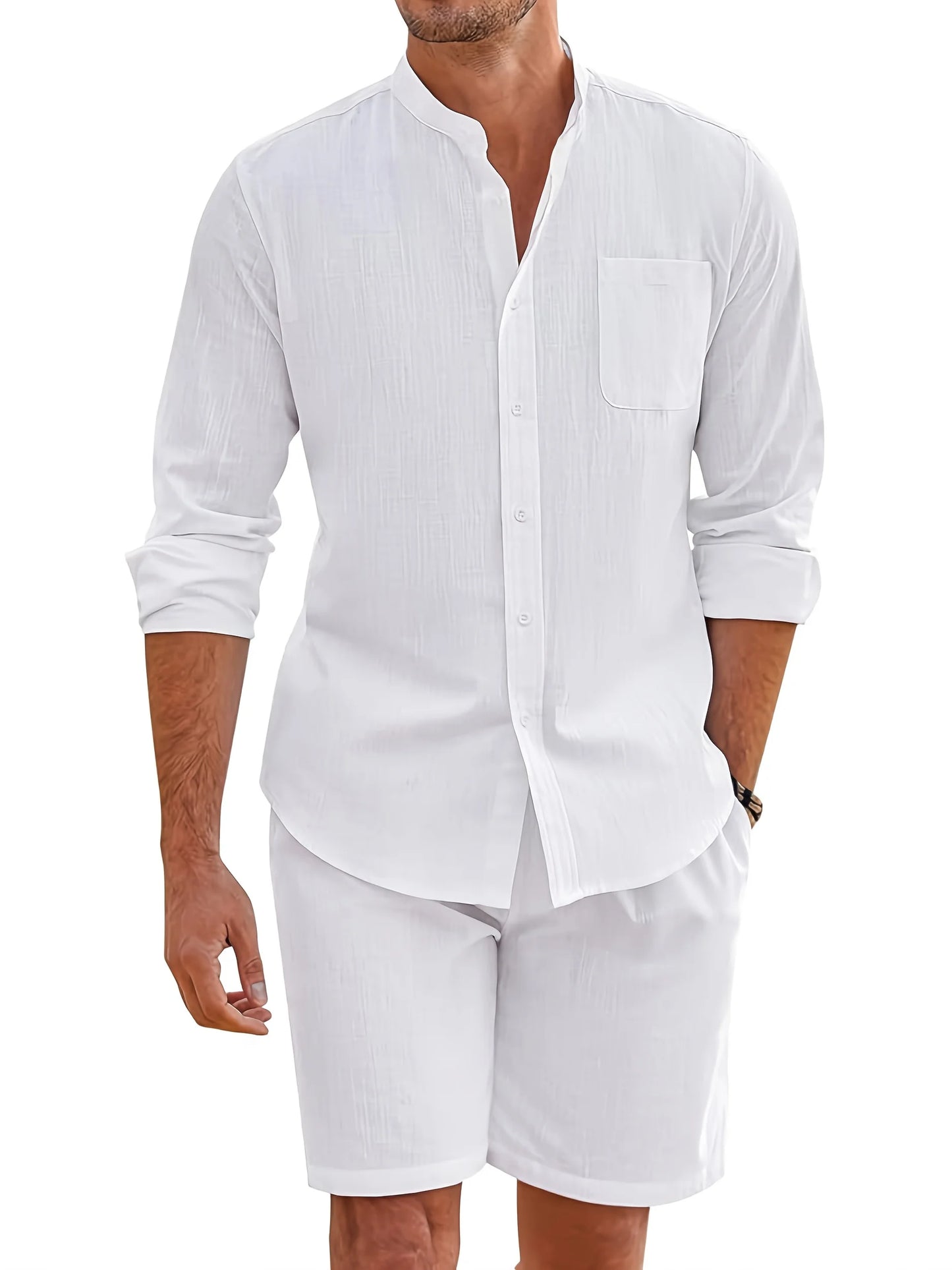 Men's summer two-piece polyester button shirt long sleeve shorts cardigan simple casual beach wear - the best choice for casual