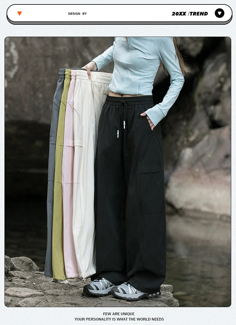 Women's Trendy Street Style Cargo Pants Fashion Oversized Pocket High Waist Baggy Pant Women Hip Hop Straight New Trousers Pink