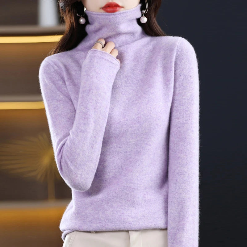 100%Merino Pure Wool Sweater Women's AutumnWinter Long Sleeve High Neck Pullover Warm High Quality Solid Color Basic Knit Jumper