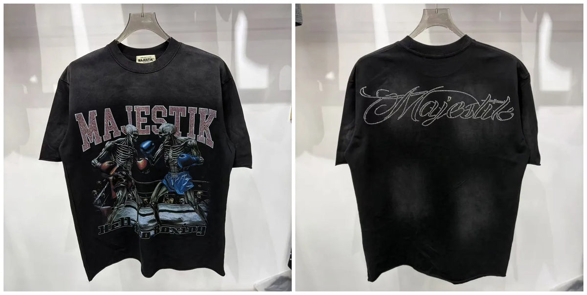 2026 Summer New MAJESTIK Men's T-shirt with Letter Hotfix Rhinestone Print Breathable Lightweight Casual Hip-Hop Style 100% Cotton Men/women T-shirt