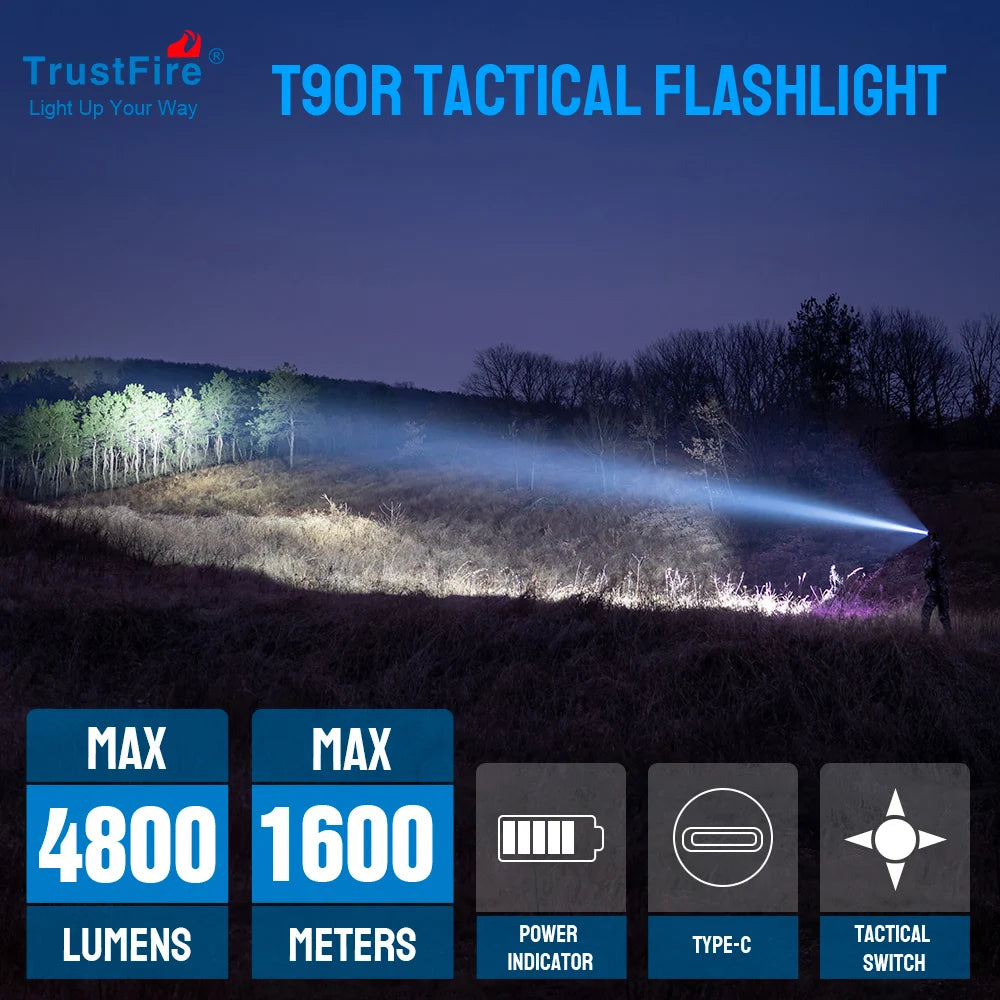 TrustFire T90R Kit High Power 4800 Lumens LED Hunting Flashlight, 1600 Meters Long Range Rechargeable Tactical Flashlight