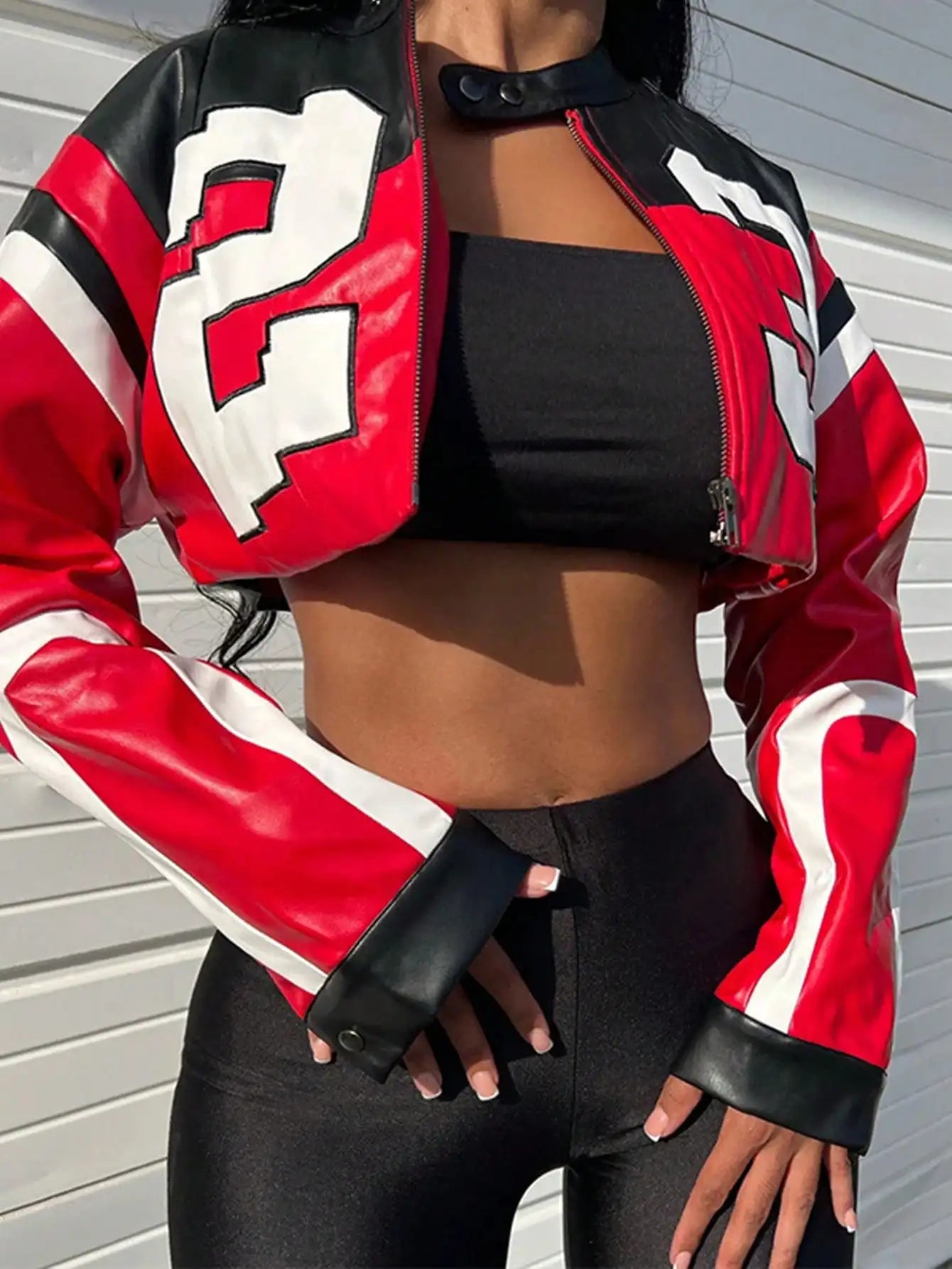 2025 Women's Faux Leather Jacket Short Red Coat Zipper Bomber Jacket Edgy Motorcycle Style Party Tops Casual Outfit Clubwea