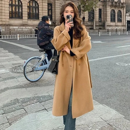 Blue Korean Style Woolen Coat Loose Women's Fashion Autumn Winter New Arrival Medium Length Belted Outerwear for Ladies