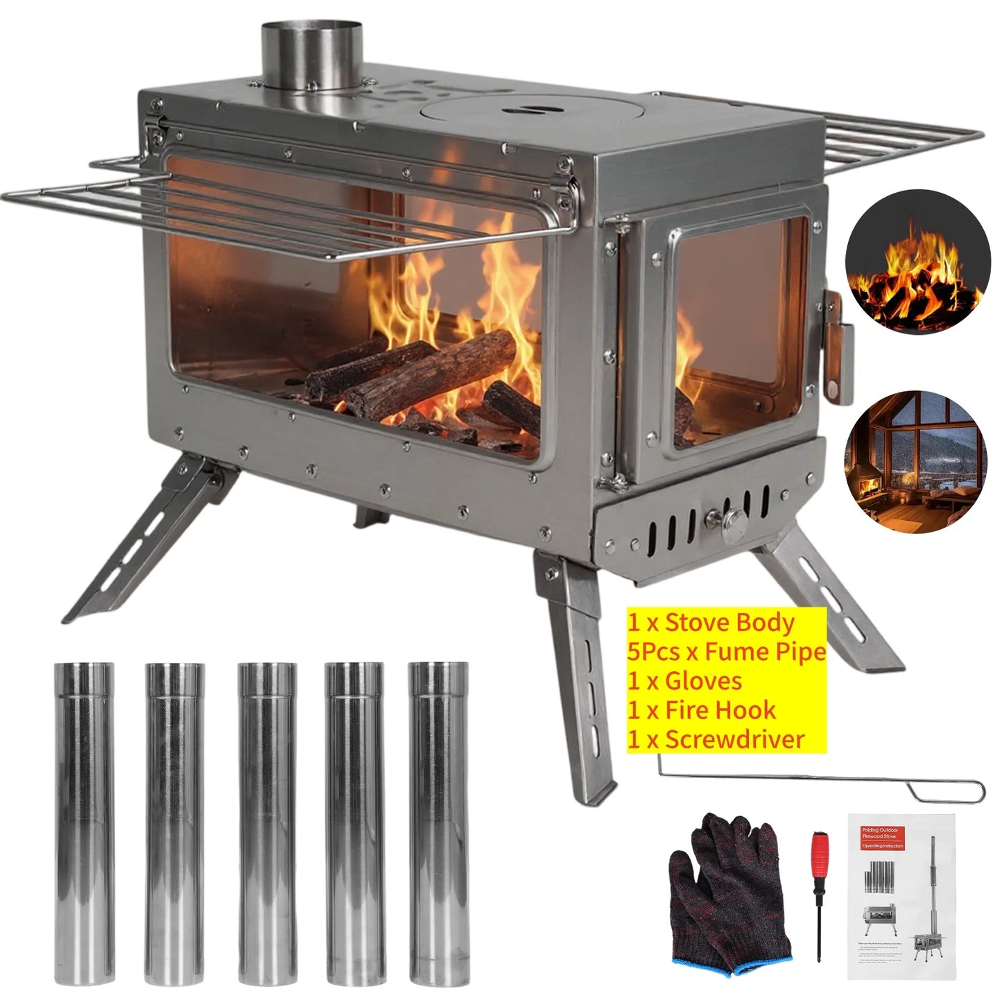 Stainless Steel Smokeless Fireplace Secondary Burning Wood Stove Camping Tent Stove with Chimney Pipes & Gloves with 5 Pipes for