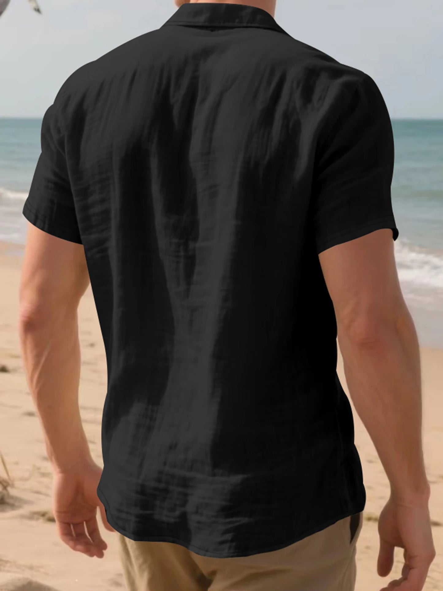 Men s Lightweight Linen Short Sleeve Button-Down Shirt Casual Solid Color Breathable Summer Tops Loose Fit Lapel Collar