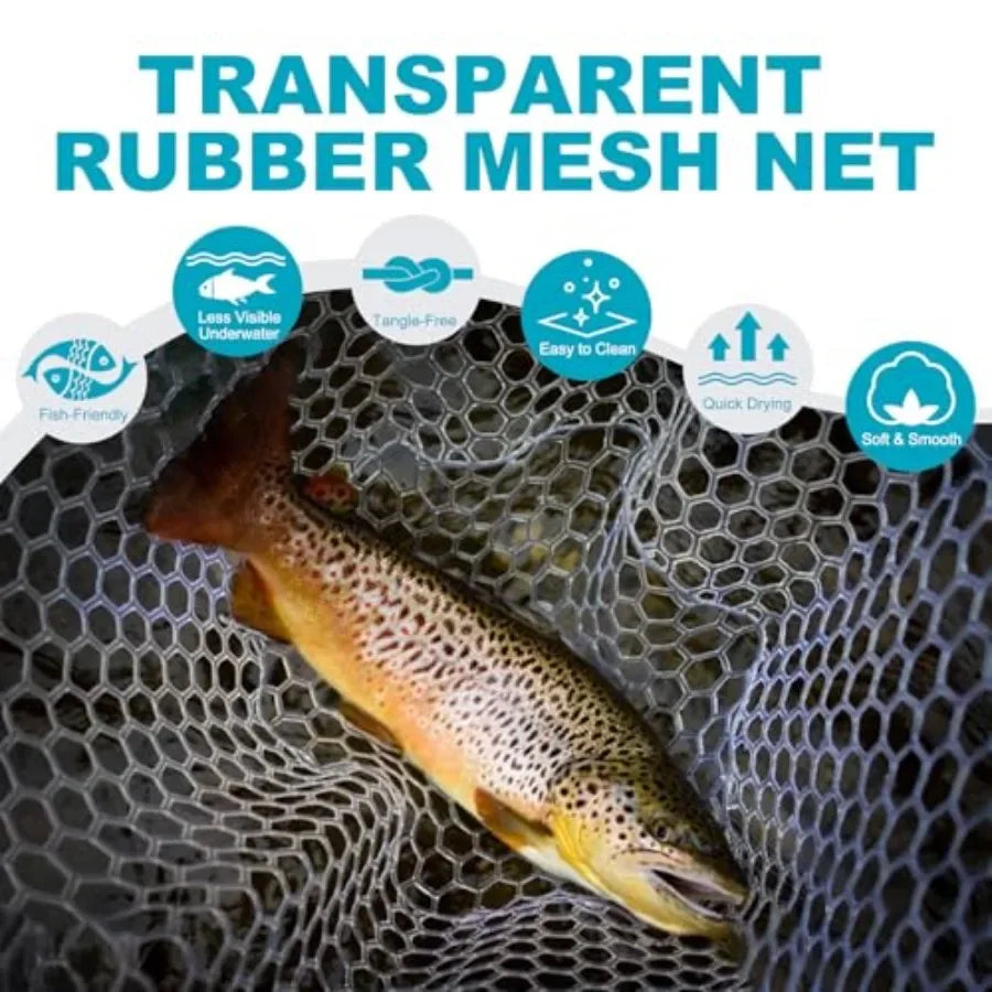 Fly Fishing Landing Net for Trout Bass Catch and Release: Carbon Fiber Frame, Black Rubber Mesh, Magnetic Net Release