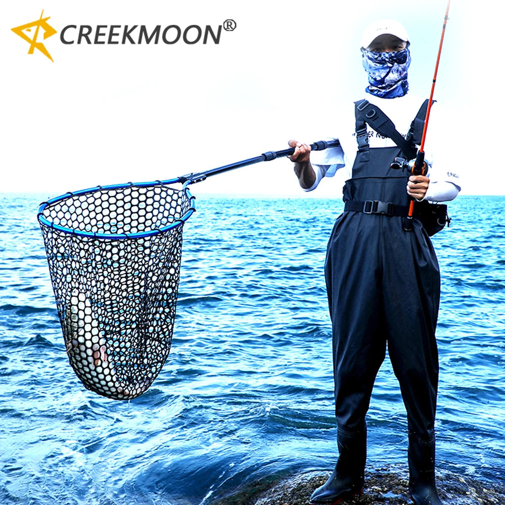 Foldable Fishing Landing Net with Long Handle for Bass Crappie Boat Saltwater Freshwater Quick Dry Rubber Mesh for Big Fish