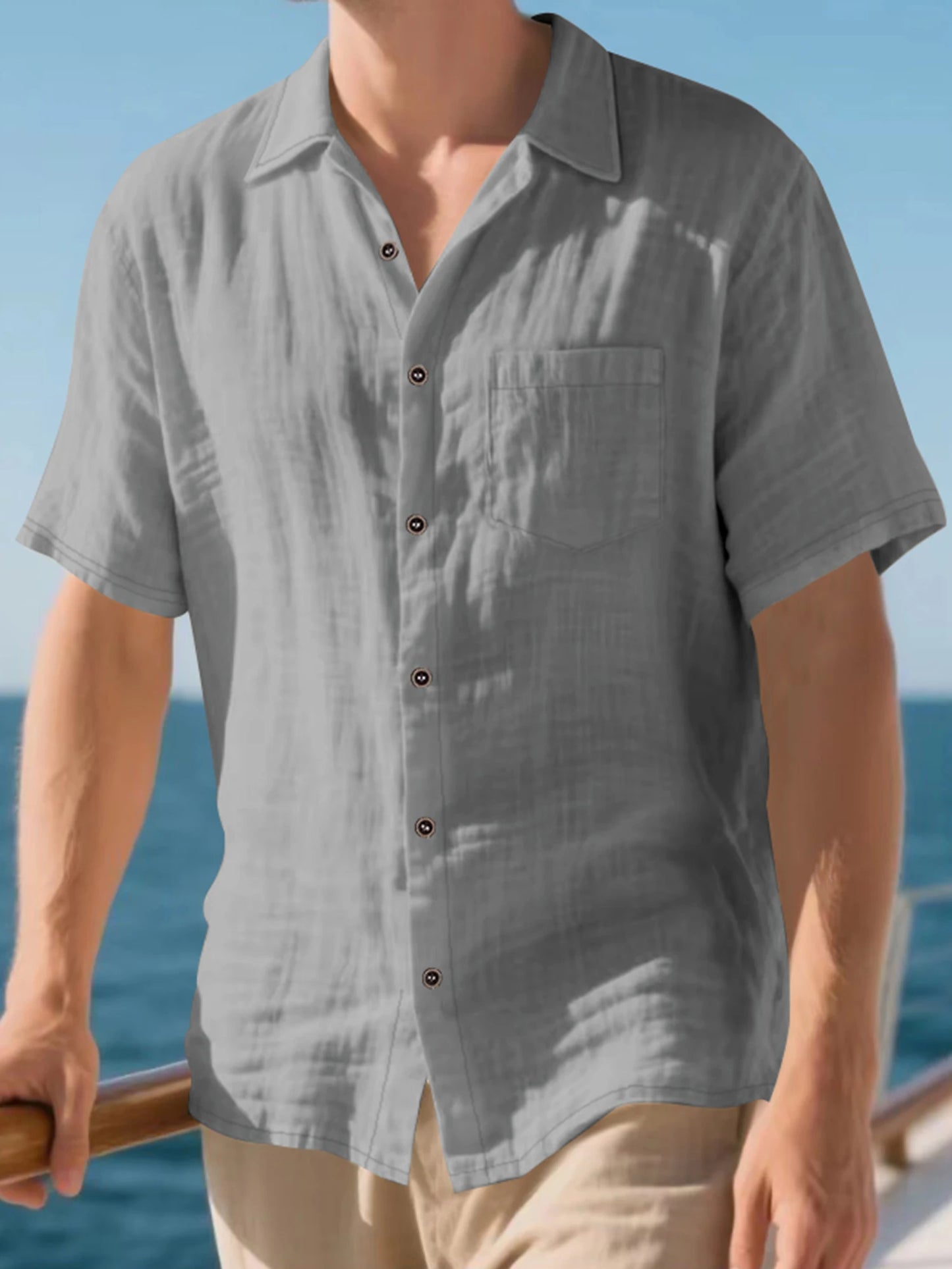 Men s Lightweight Linen Short Sleeve Button-Down Shirt Casual Solid Color Breathable Summer Tops Loose Fit Lapel Collar