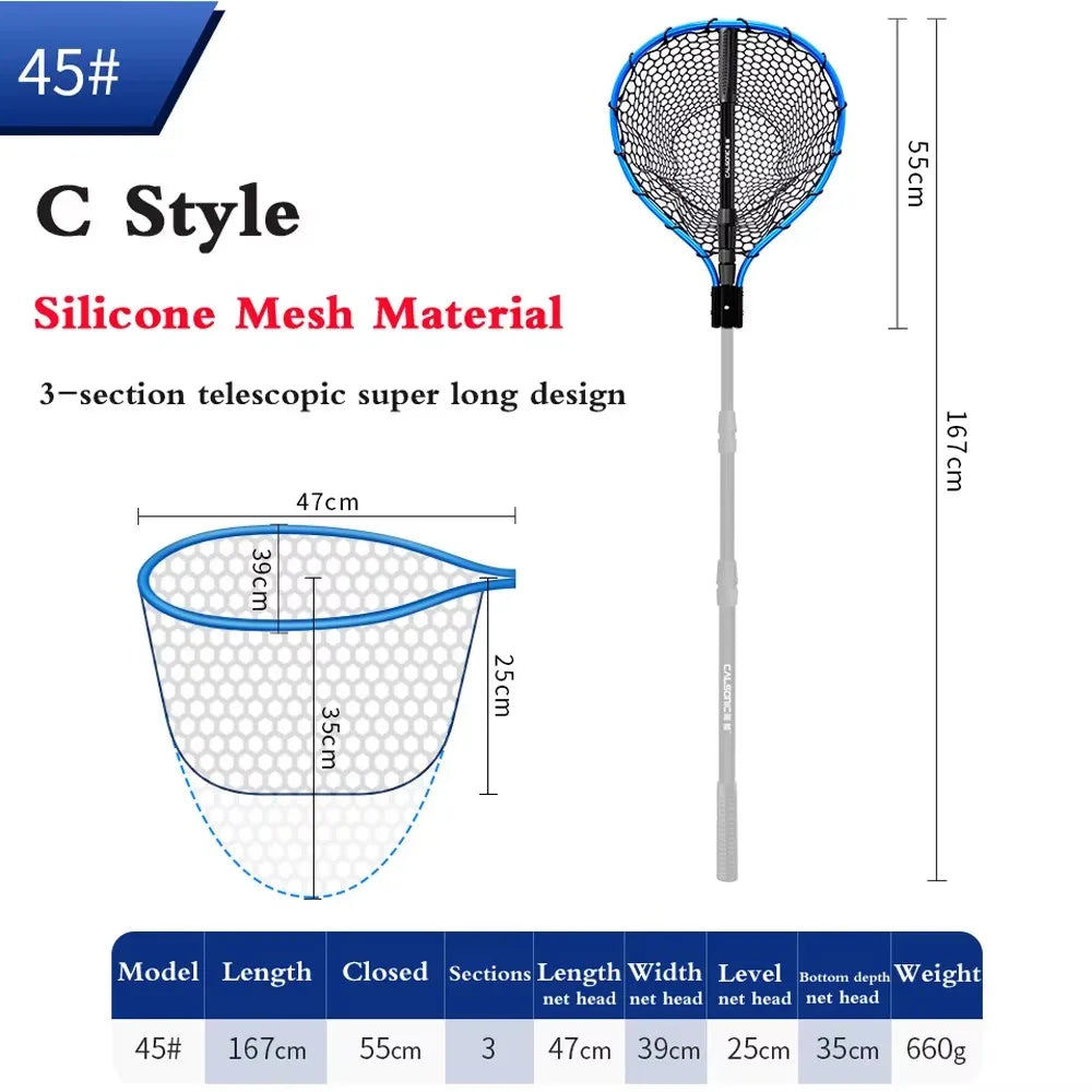 Foldable Fishing Landing Net with Long Handle for Bass Crappie Boat Saltwater Freshwater Quick Dry Rubber Mesh for Big Fish