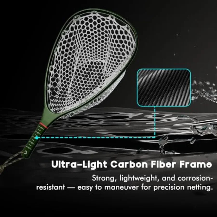 Fly Fishing Landing Net for Trout: Carbon Fiber Frame, Soft Rubber Mesh, Measurement Handle, Standard/Long Option