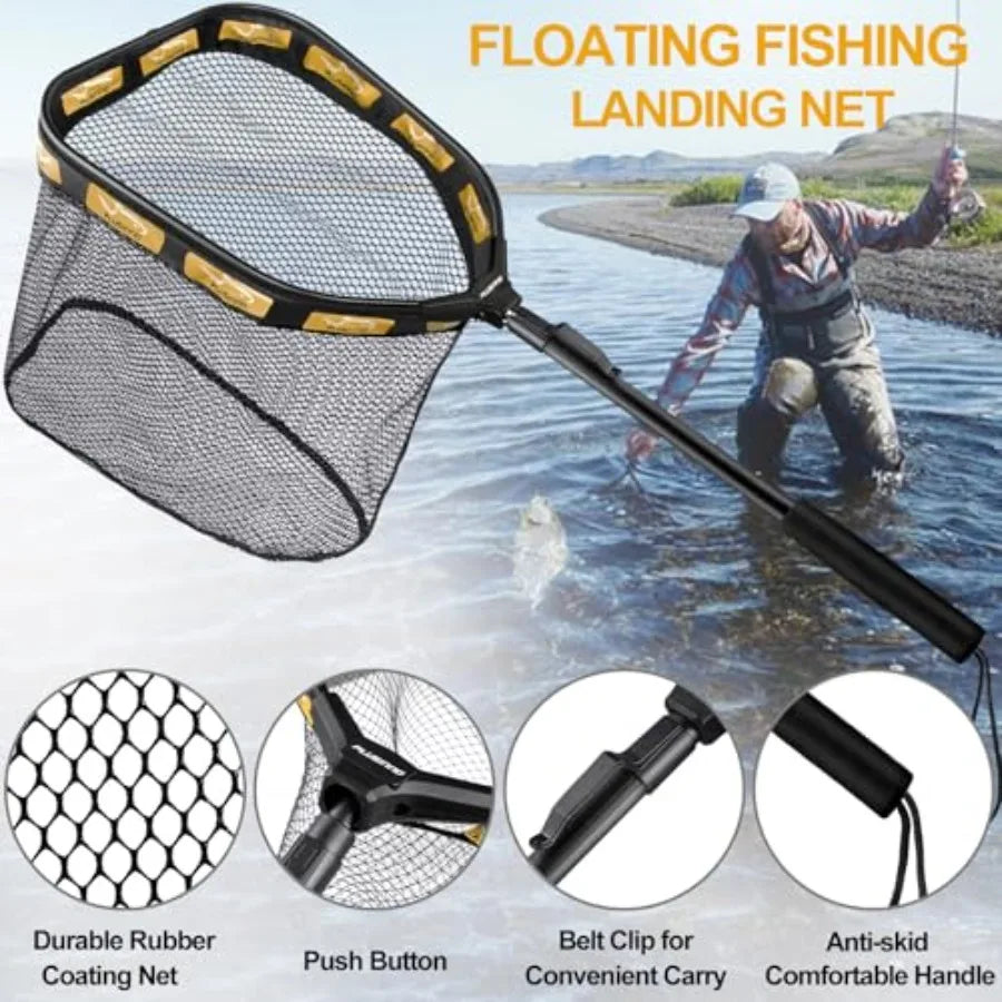 Floating Fishing Net for Steelhead, Salmon, Fly, Kayak, Catfish, Bass, Trout Fishing, Rubber Coated Foldable Landing Net with F