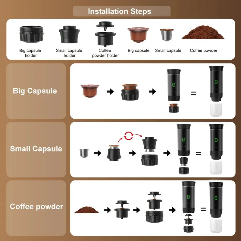 Portable Wireless Electric Espresso Coffee Machine For Travel &Car &Home Camping Coffee Maker 3-in-1 Capsule Powder Coffee Maker