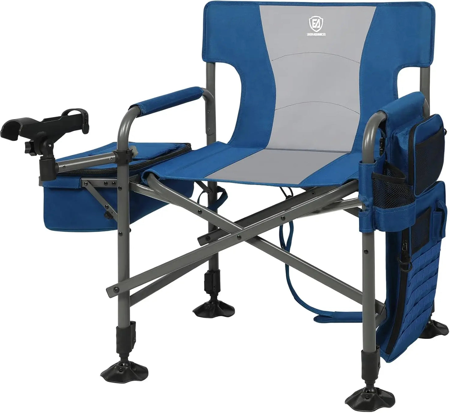 Fishing chair with pole holder and cooler, adjustable feet, net back folding camping chair with shoulder strap, supports 350 LBS