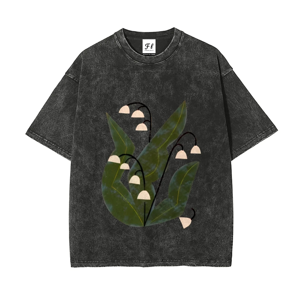 Lily Of Valley Tshirt Distressed Washed Cloth Delicate Floral Print Summer Casual Loose Short Sleeved Unique Comfortable Tops