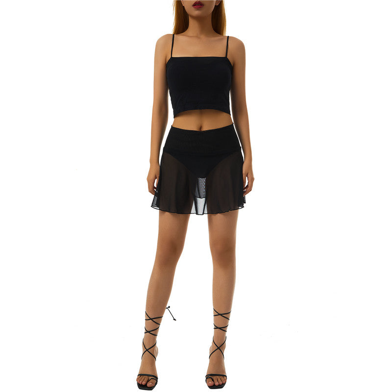 Women Sexy See Through Mini Skirt Summer High Waist Solid Skater Skirt Beach Cover-ups Sheer Mesh Rave Festival Skirt Night Club