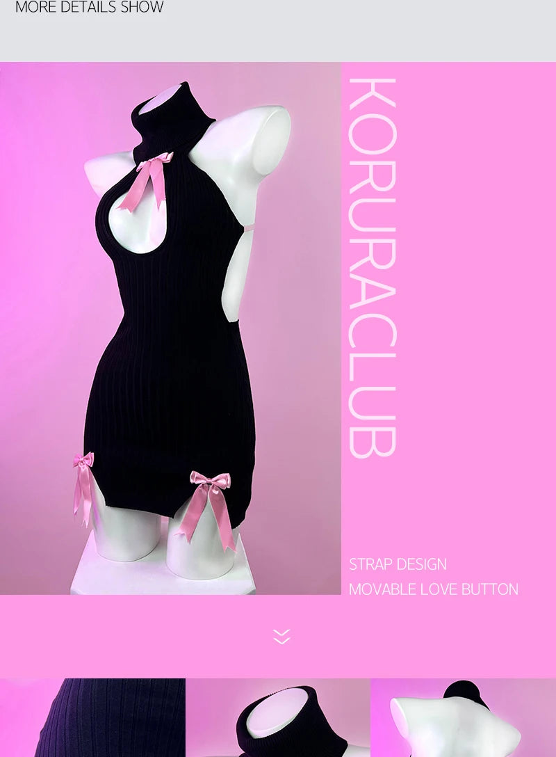 KORURACLUB autumn and winter Bowknot Sexy Black Knitted dress stockings Pink straps Backless Soft girl Turtleneck sweater