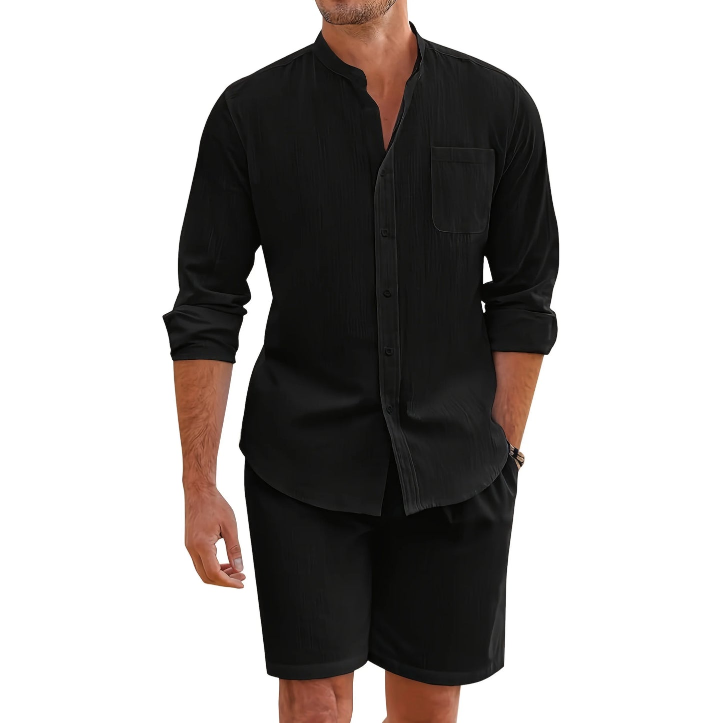 Men's summer two-piece polyester button shirt long sleeve shorts cardigan simple casual beach wear - the best choice for casual