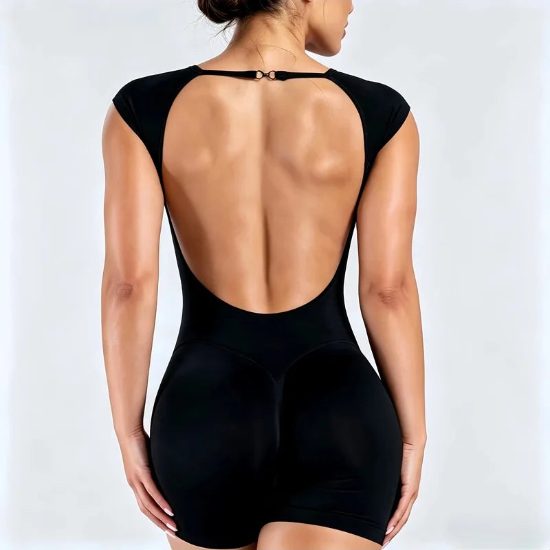 HISTELLO Impact Short Sleeve One Piece Women Gym Jumpsuit Backless Slim Fit Fitness Sports Romper Seamless Yoga Workout Bodysuit