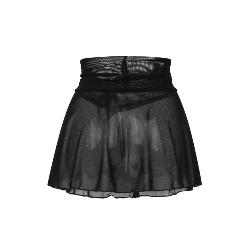 Women Sexy See Through Mini Skirt Summer High Waist Solid Skater Skirt Beach Cover-ups Sheer Mesh Rave Festival Skirt Night Club