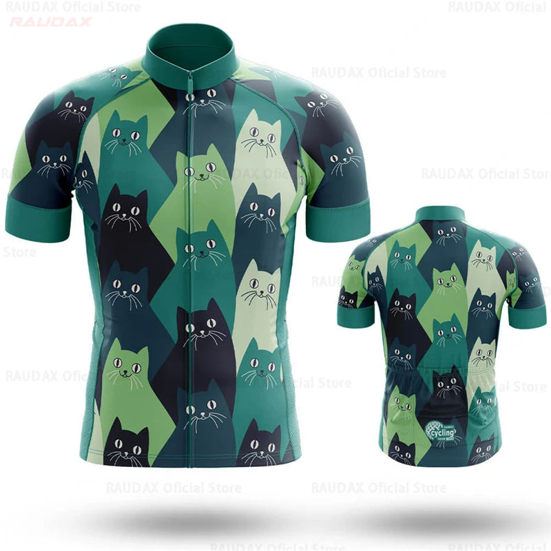 2023 Men's Cycling Clothes Funny Cartoon Cat Summer Short Sleeve Cycling Jersey Set Breathable Quick Dry Sportswear Bike Uniform
