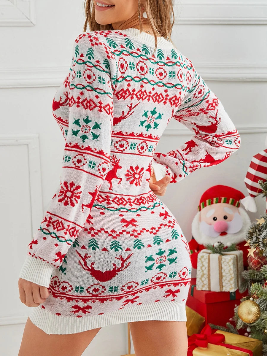 Women Long Sleeve Sweater Dress Christmas Print Knitted Bodycon Party Dress for Beach Club Streetwear